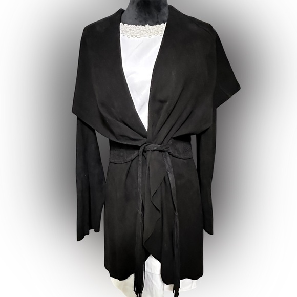 Jackets & Blazers - Vintage Suede leather Black Western Jacket  With Fringe Belt